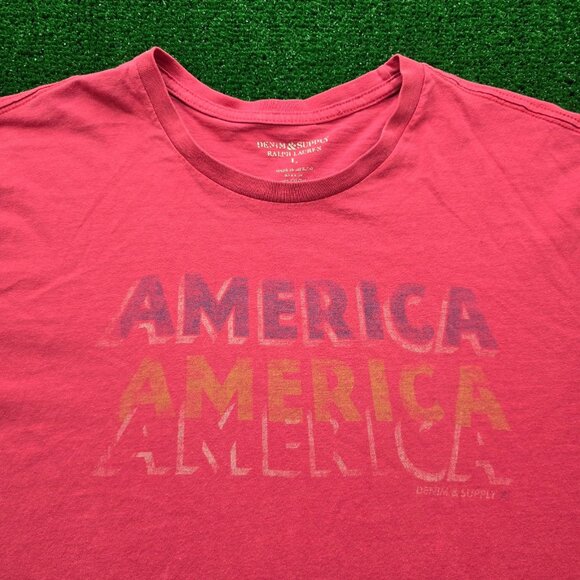 Ralph Lauren Denim & Supply Tshirt Mens Large Red Graphic Print America Logo - Picture 2 of 11